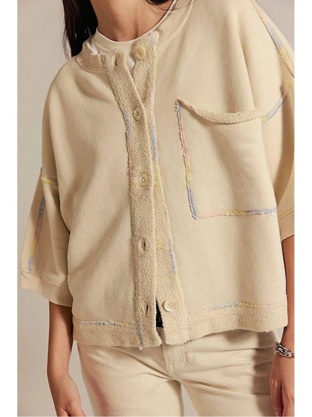 Free People Cream Button-Up Teddy Jacket with Pastel Trim